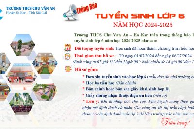 THÔNG BÁO TUYỂN SINH LỚP 6 NĂM HỌC 2024-2025